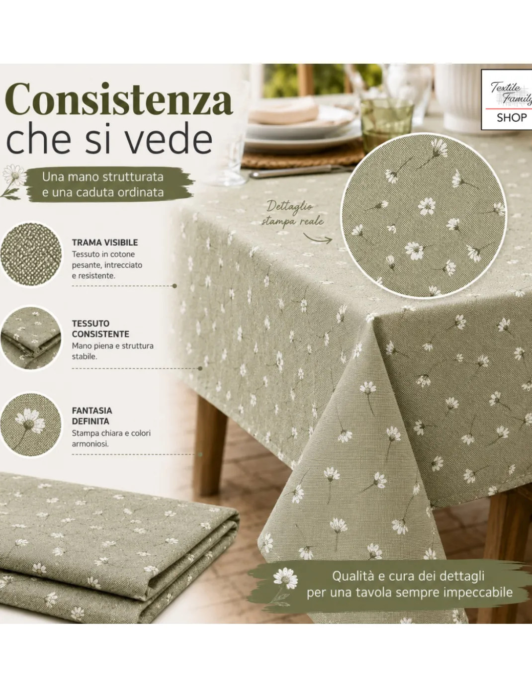 Tovaglia Dory Margheritine su Fondo Verde in Cotone Pesante 80/20 Made in Italy