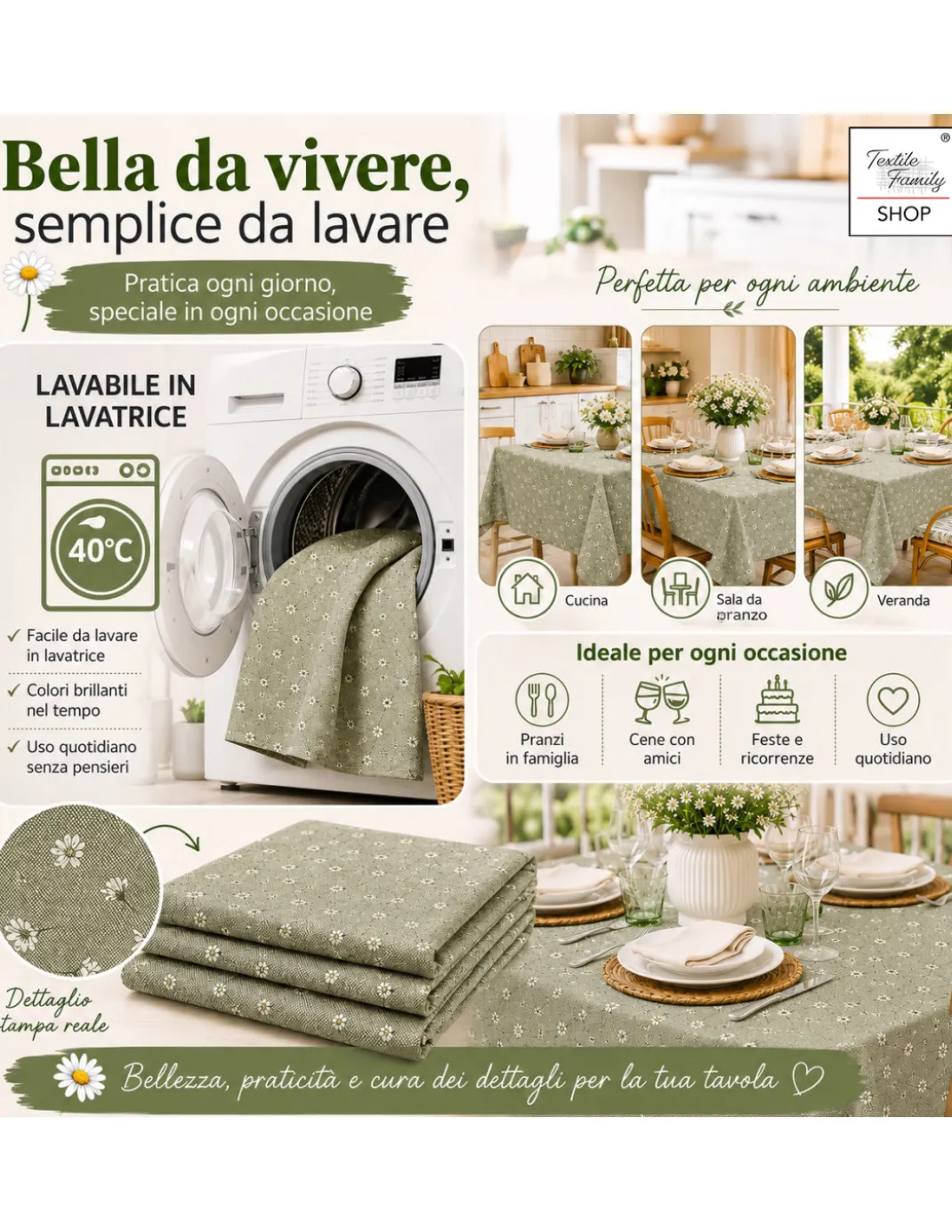 Tovaglia Dory Margheritine su Fondo Verde in Cotone Pesante 80/20 Made in Italy