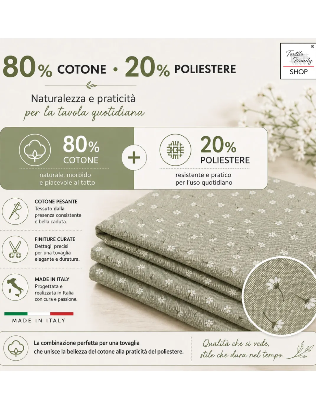 Tovaglia Dory Margheritine su Fondo Verde in Cotone Pesante 80/20 Made in Italy