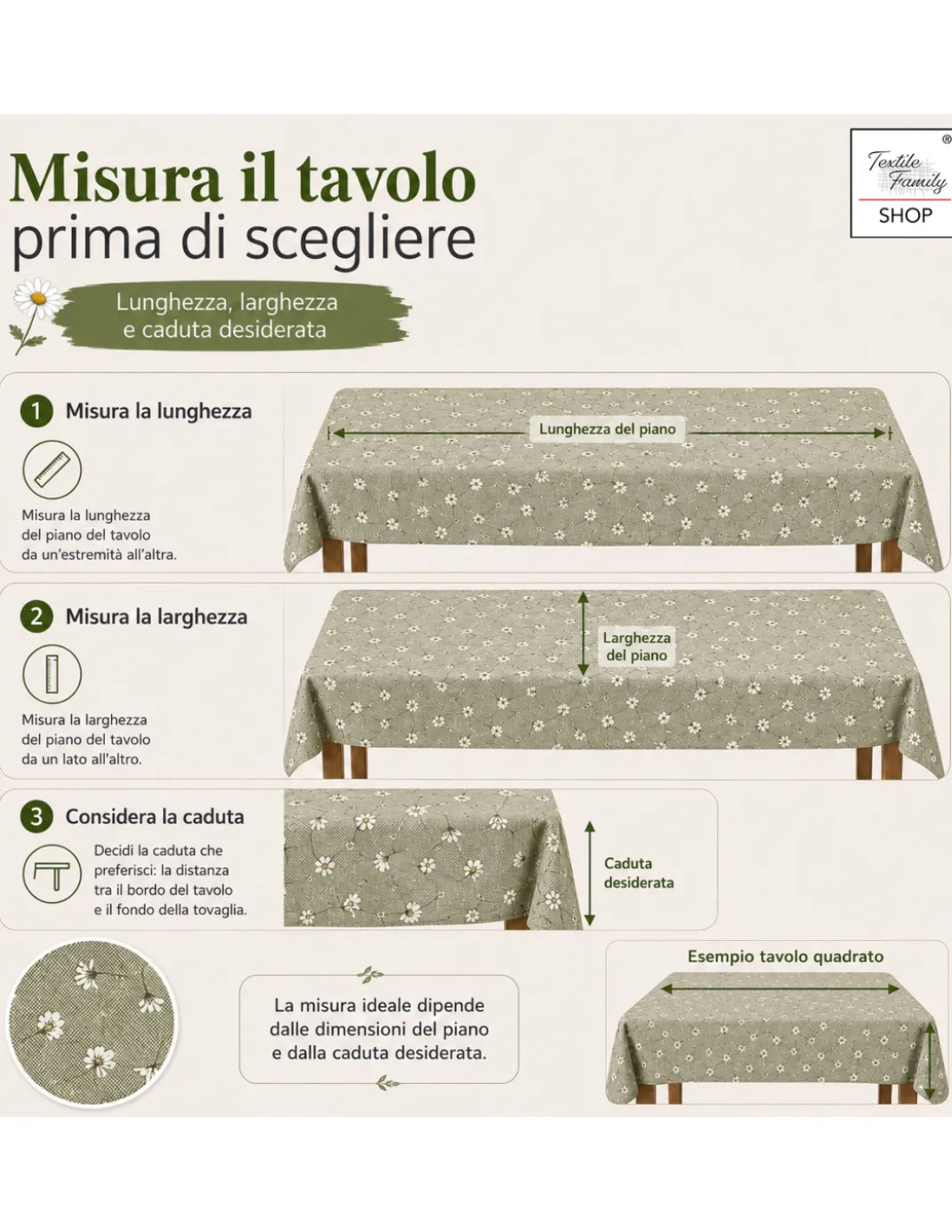 Tovaglia Dory Margheritine su Fondo Verde in Cotone Pesante 80/20 Made in Italy