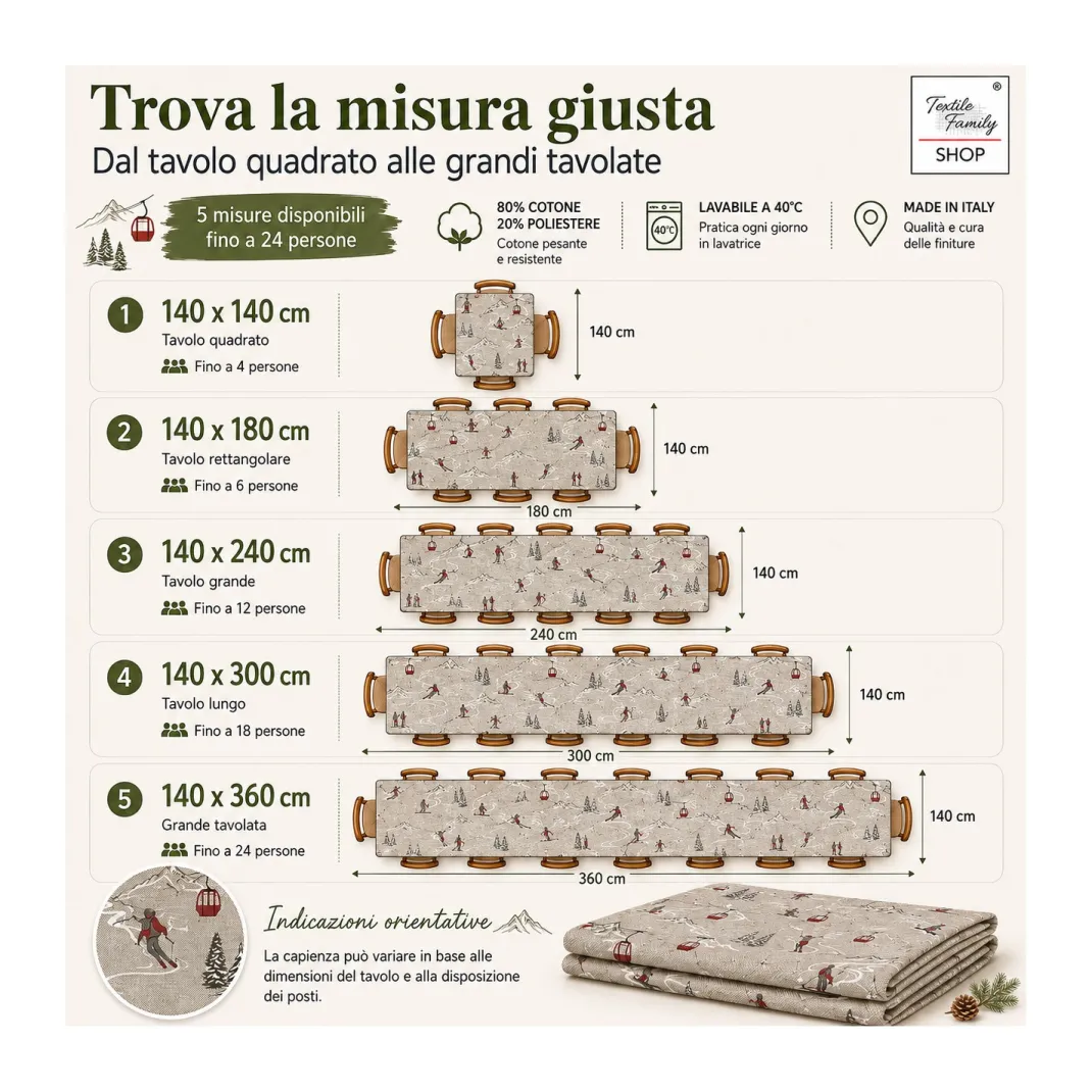 Tovaglia Dory Sciatori Tex Family per Tavola Chalet in Cotone Pesante 80/20 Made in Italy