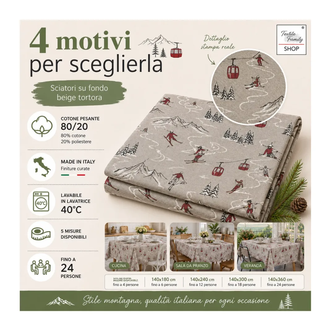 Tovaglia Dory Sciatori Tex Family per Tavola Chalet in Cotone Pesante 80/20 Made in Italy