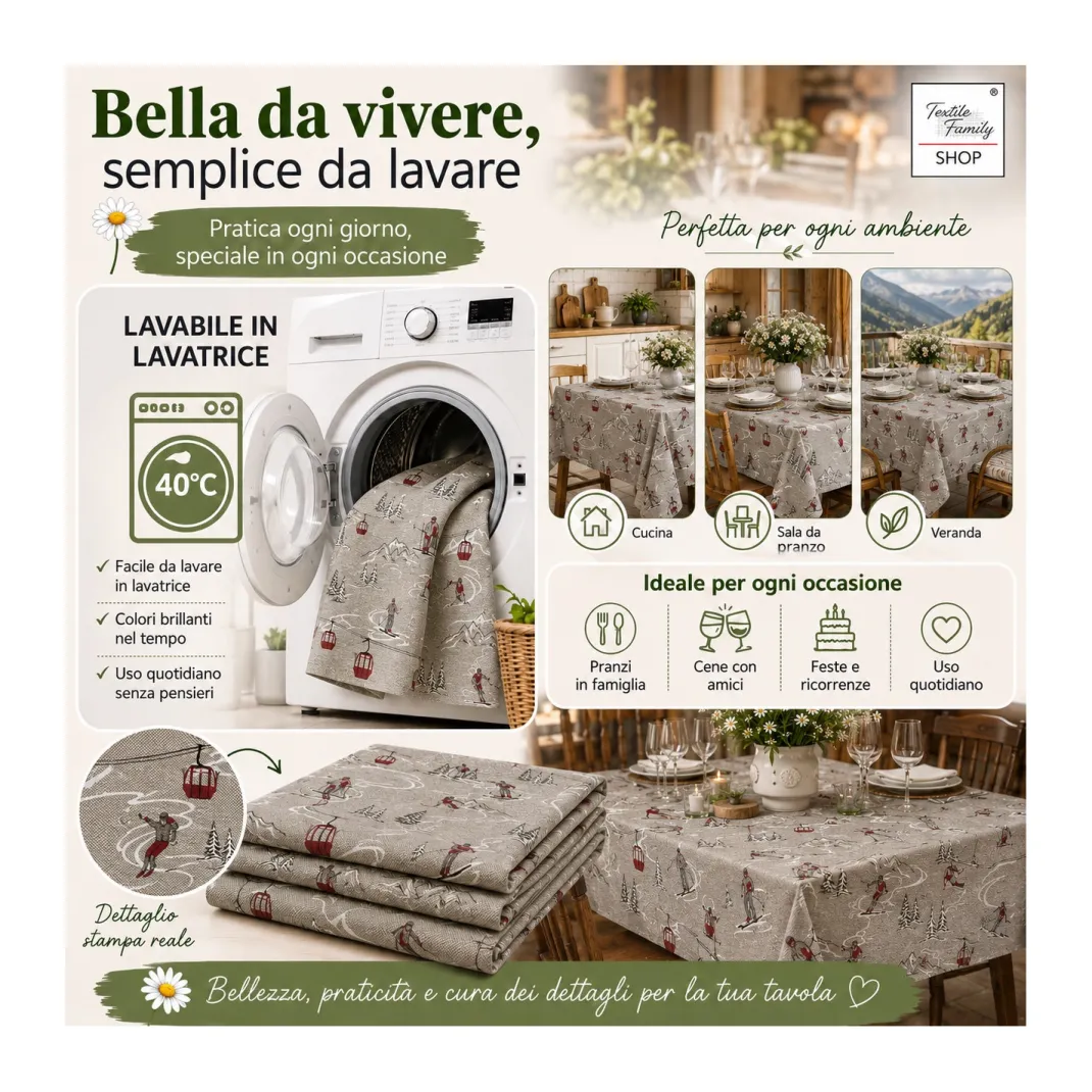 Tovaglia Dory Sciatori Tex Family per Tavola Chalet in Cotone Pesante 80/20 Made in Italy