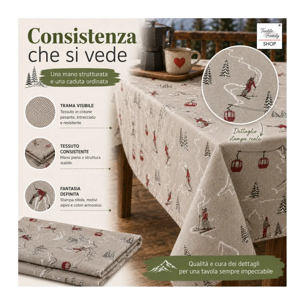 Tovaglia Dory Sciatori Tex Family per Tavola Chalet in Cotone Pesante 80/20 Made in Italy