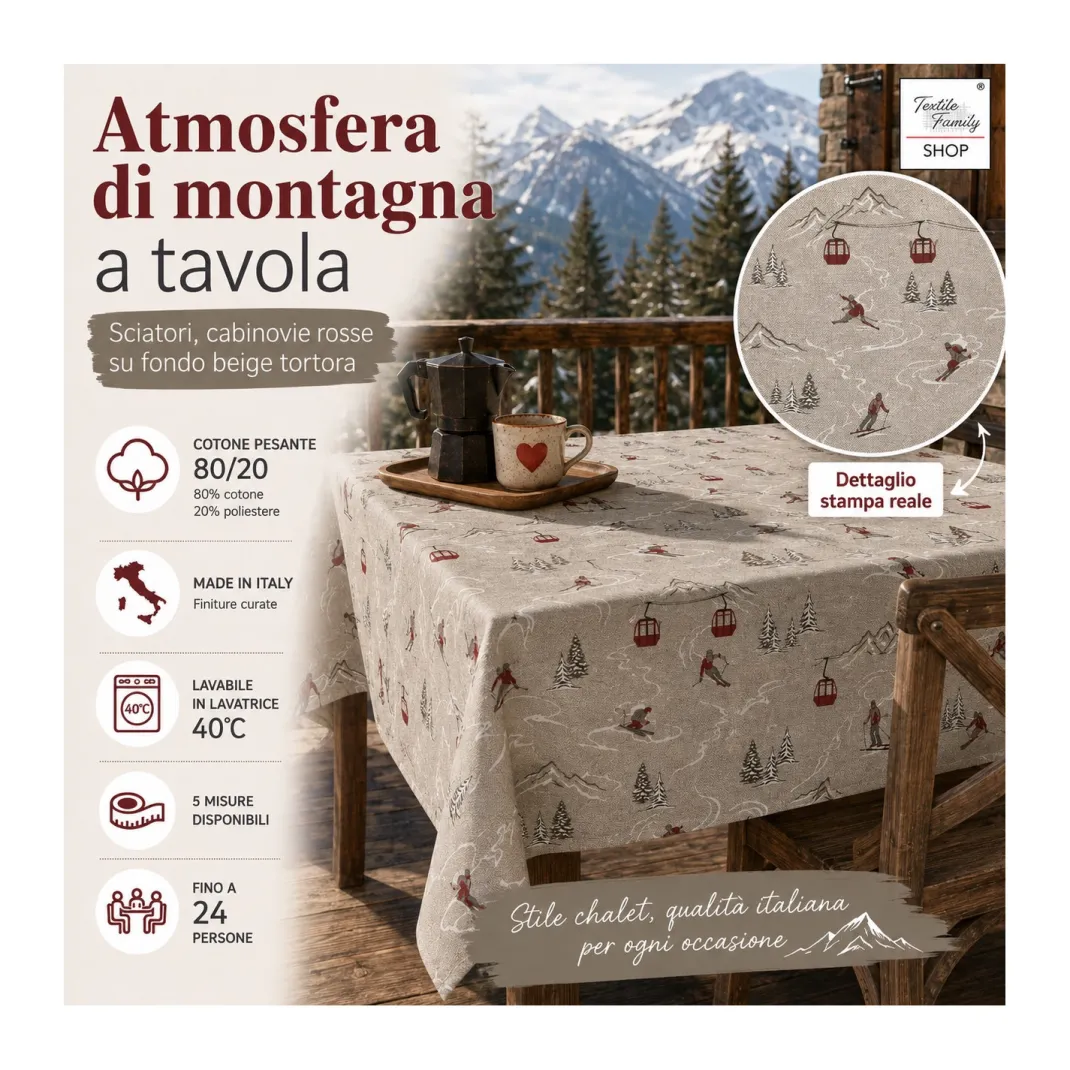 Tovaglia Dory Sciatori Tex Family per Tavola Chalet in Cotone Pesante 80/20 Made in Italy