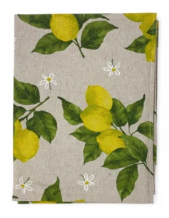 Tovaglia Dory Sorisole Tex Family, cotone pesante 80/20, stampa limoni e foglie su fondo greige, 5 misure
