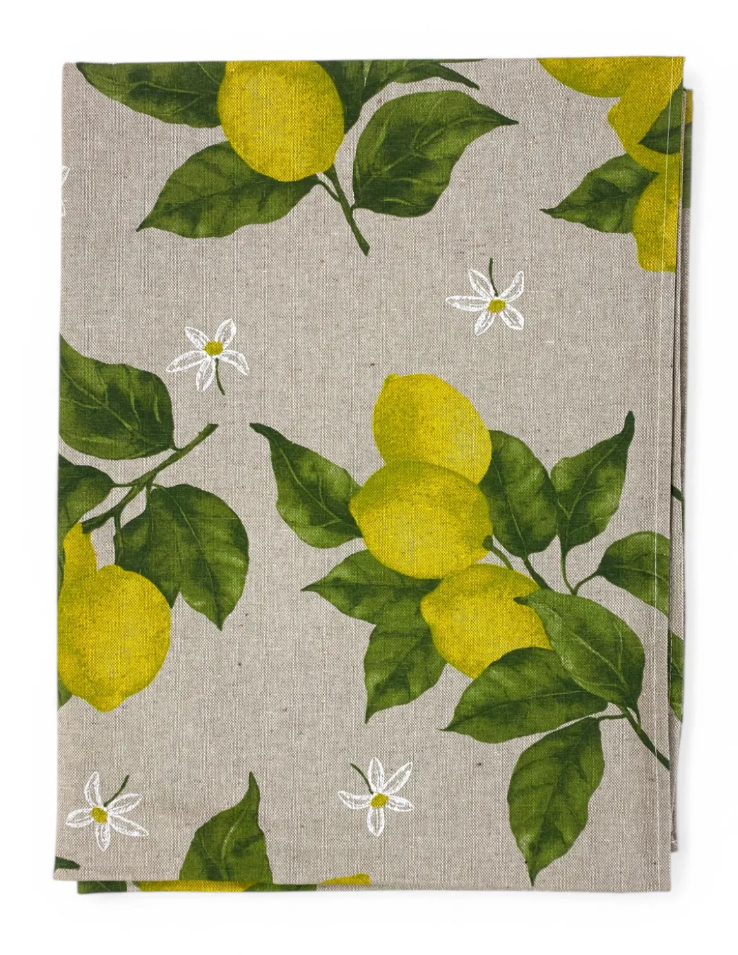 Tovaglia Dory Sorisole Tex Family, cotone pesante 80/20, stampa limoni e foglie su fondo greige, 5 misure