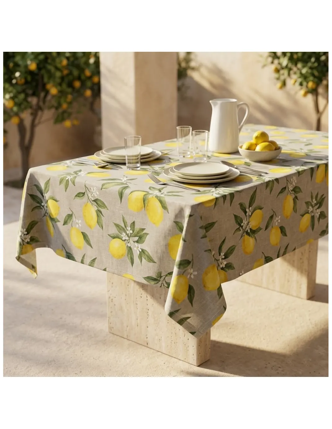Tovaglia Dory Sorisole Tex Family, cotone pesante 80/20, stampa limoni e foglie su fondo greige, 5 misure