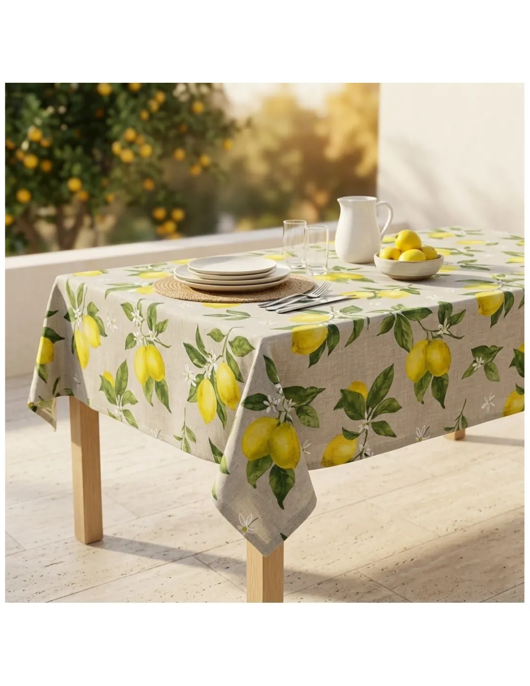 Tovaglia Dory Sorisole Tex Family, cotone pesante 80/20, stampa limoni e foglie su fondo greige, 5 misure