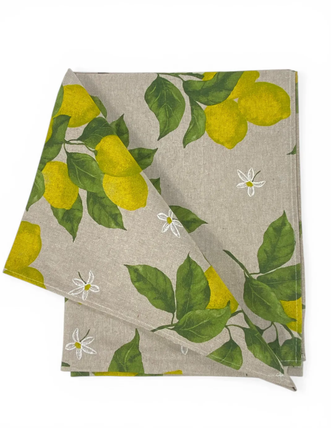 Tovaglia Dory Sorisole Tex Family, cotone pesante 80/20, stampa limoni e foglie su fondo greige, 5 misure