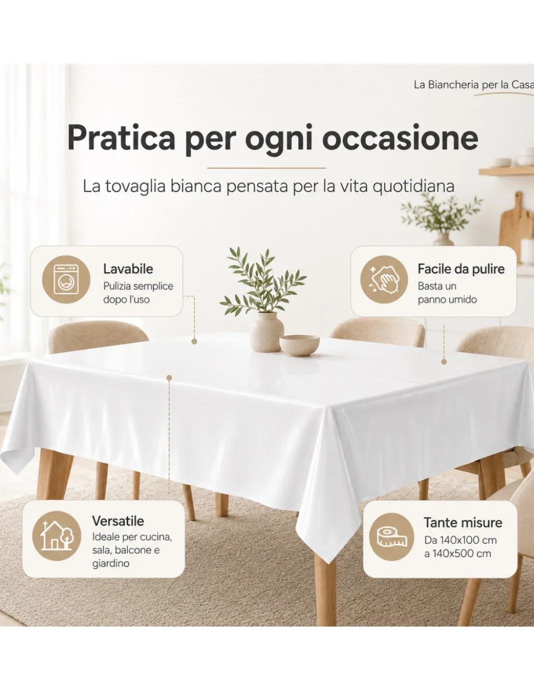 Tovaglia LIMA Bianca in Tela Cerata PVC Lavabile Antiscivolo Effetto Lino Made in Italy