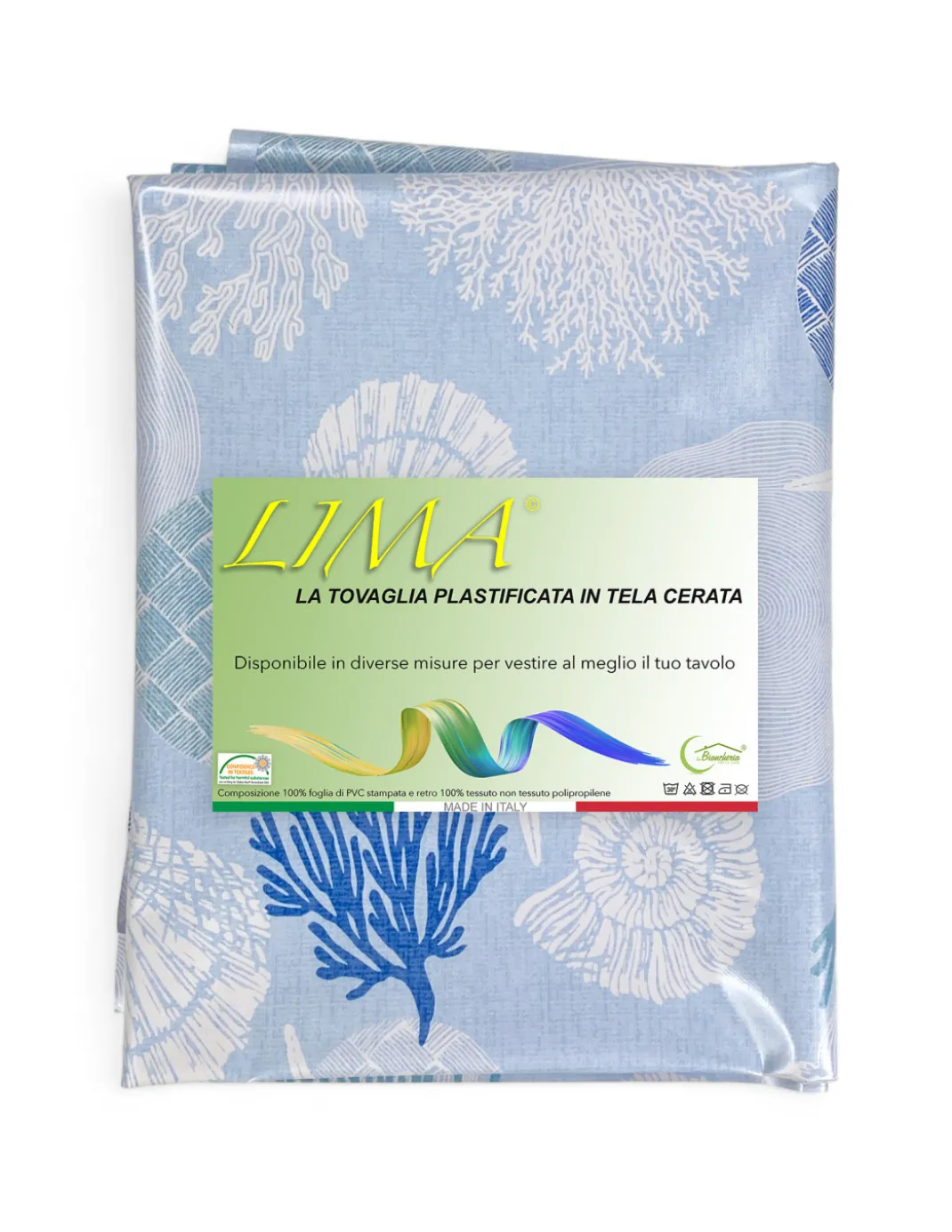 TOVAGLIA LIMA © in TELA CERATA plastificata LAVABILE idrorepellente in PVC CORALLI Blu Made in Italy