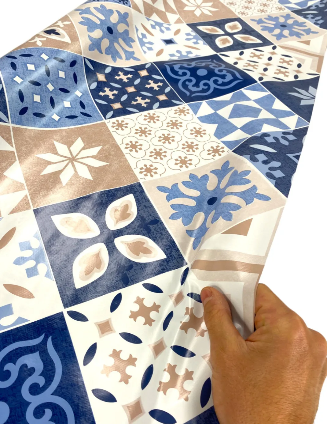 TOVAGLIA LIMA © in TELA CERATA plastificata LAVABILE idrorepellente in PVC MAIOLICHE Azzurre Made in Italy
