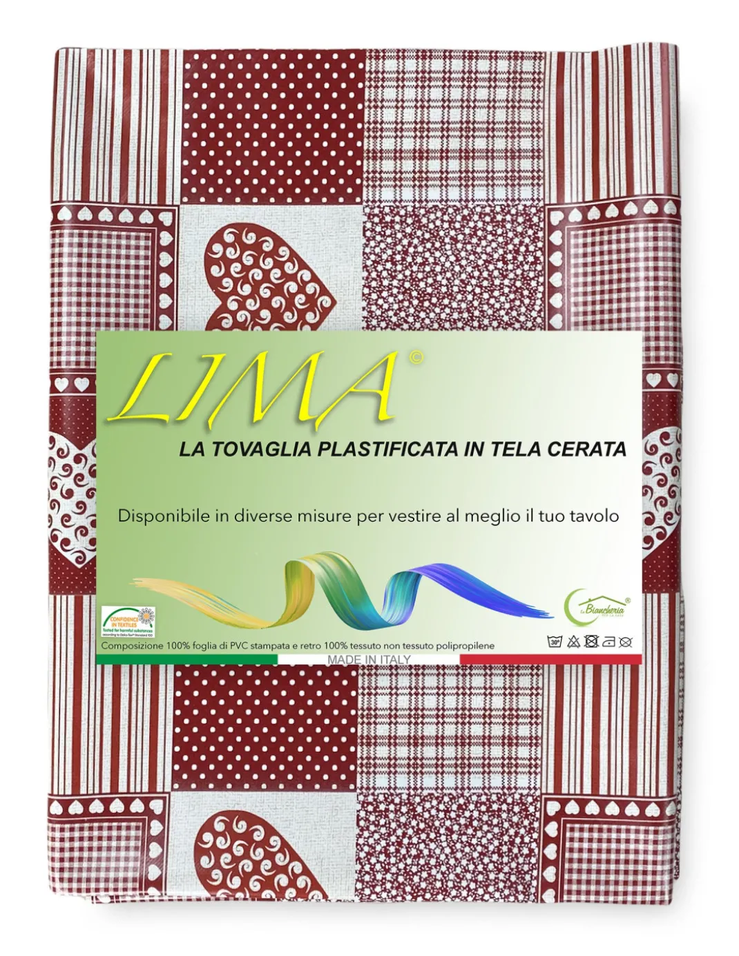 TOVAGLIA LIMA © in TELA CERATA plastificata LAVABILE idrorepellente in PVC CUORE ROSSO made in Italy