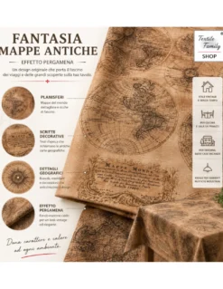 Tovaglia Mondo Marrone in Cotone, Fantasia Mappe Antiche Vintage, Made in Italy