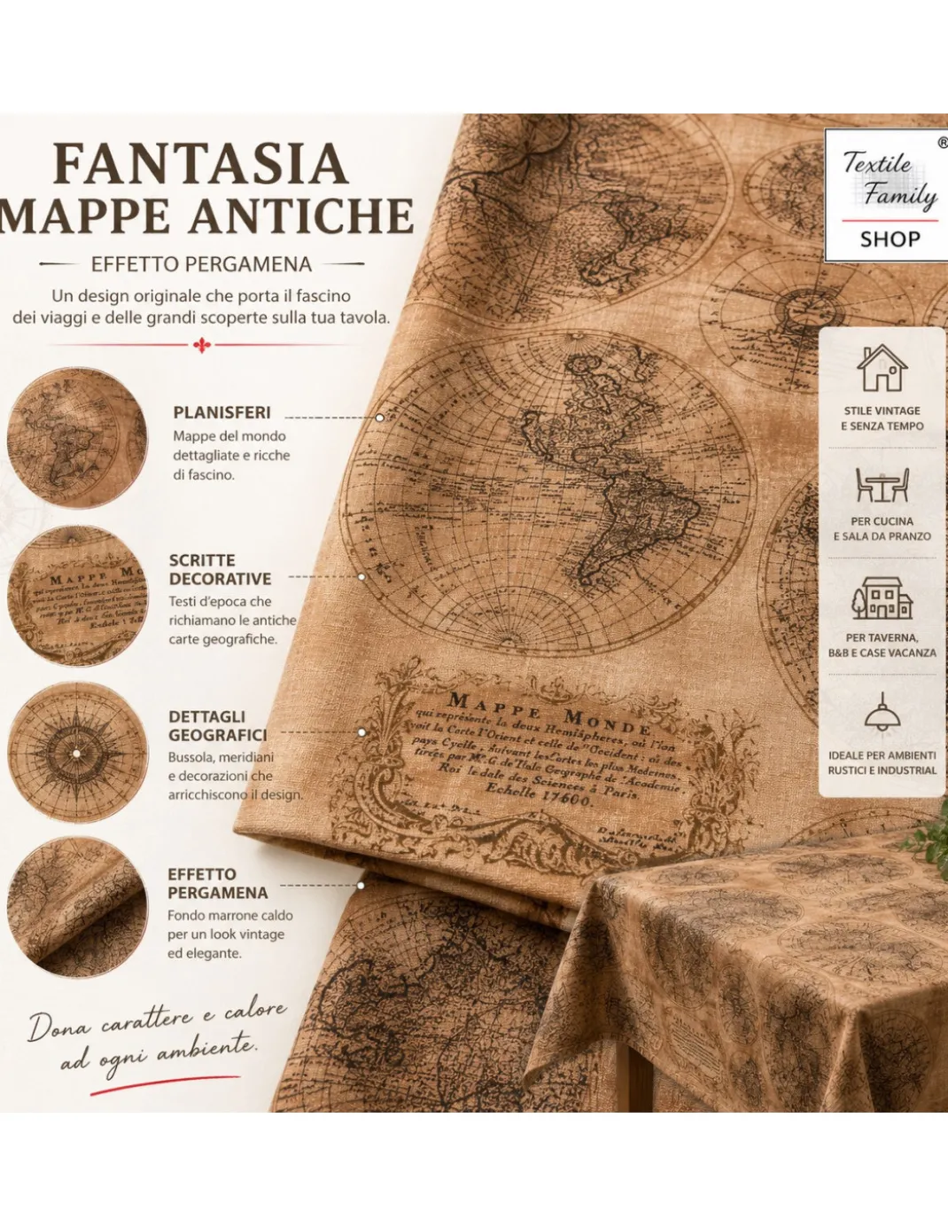 Tovaglia Mondo Marrone in Cotone, Fantasia Mappe Antiche Vintage, Made in Italy