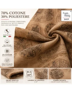 Tovaglia Mondo Marrone in Cotone, Fantasia Mappe Antiche Vintage, Made in Italy