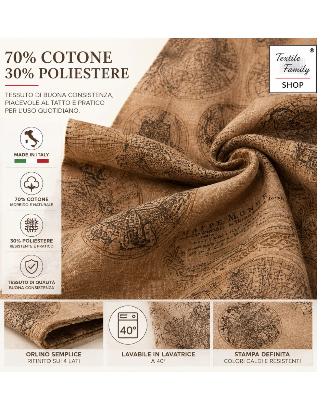 Tovaglia Mondo Marrone in Cotone, Fantasia Mappe Antiche Vintage, Made in Italy