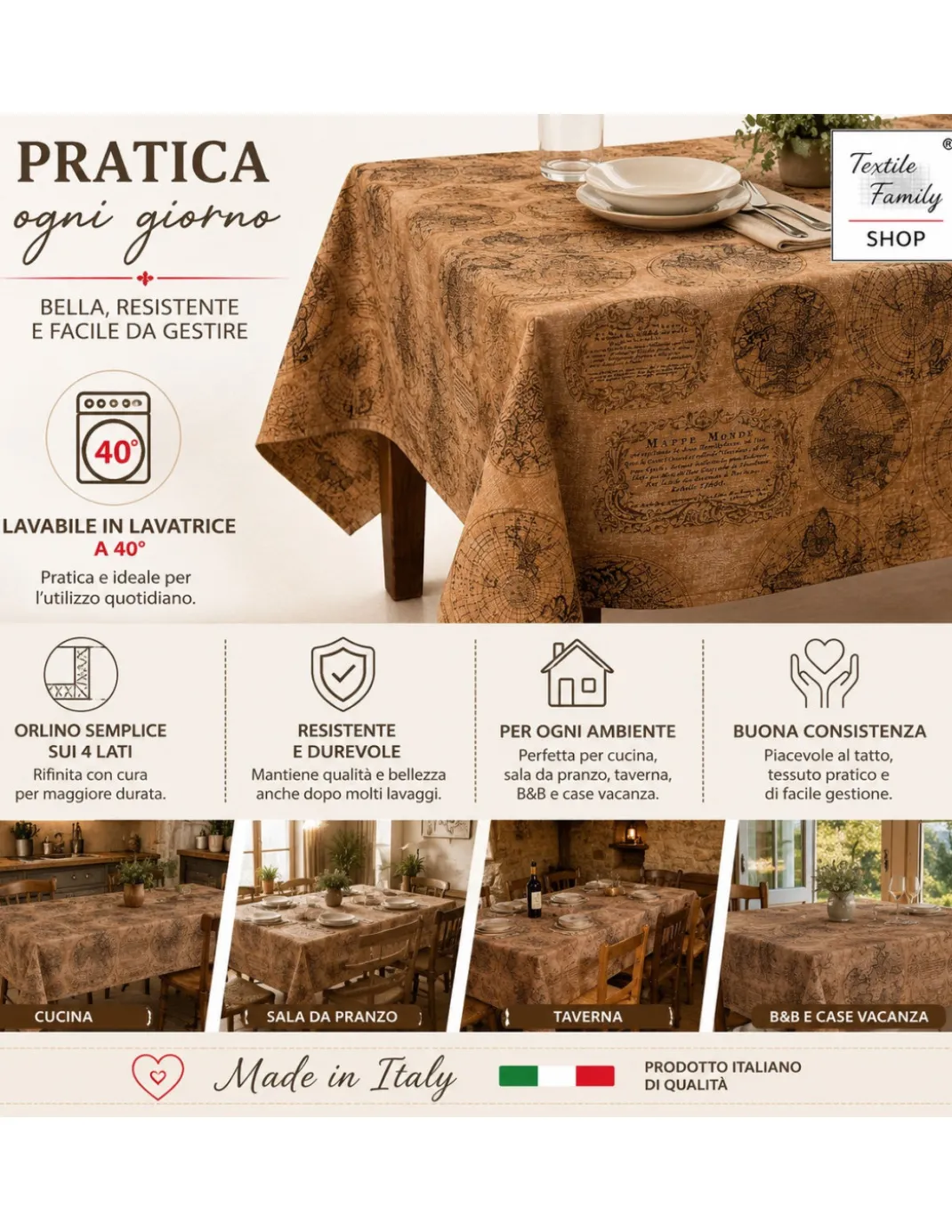Tovaglia Mondo Marrone in Cotone, Fantasia Mappe Antiche Vintage, Made in Italy