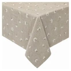 Tovaglia Resinata Antimacchia con Margherite Bianche su Fondo Beige, Impermeabile 80% Cotone Made in Italy