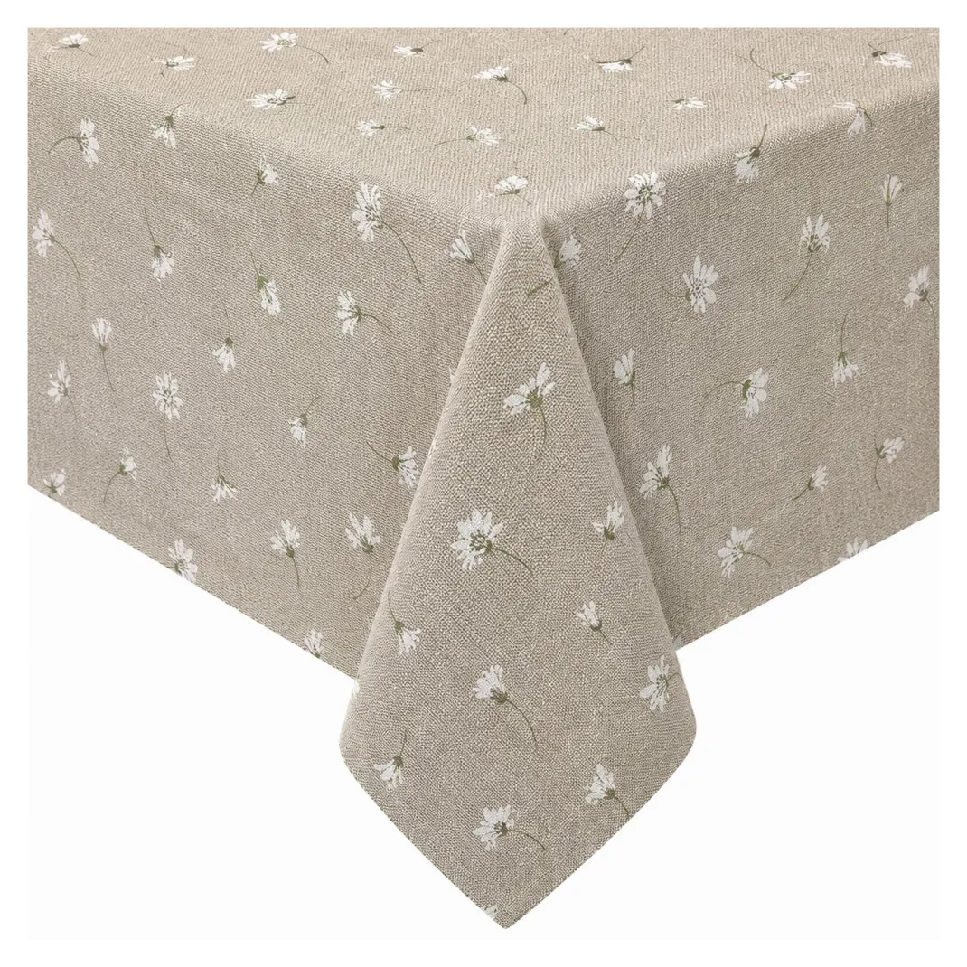 Tovaglia Resinata Antimacchia con Margherite Bianche su Fondo Beige, Impermeabile 80% Cotone Made in Italy