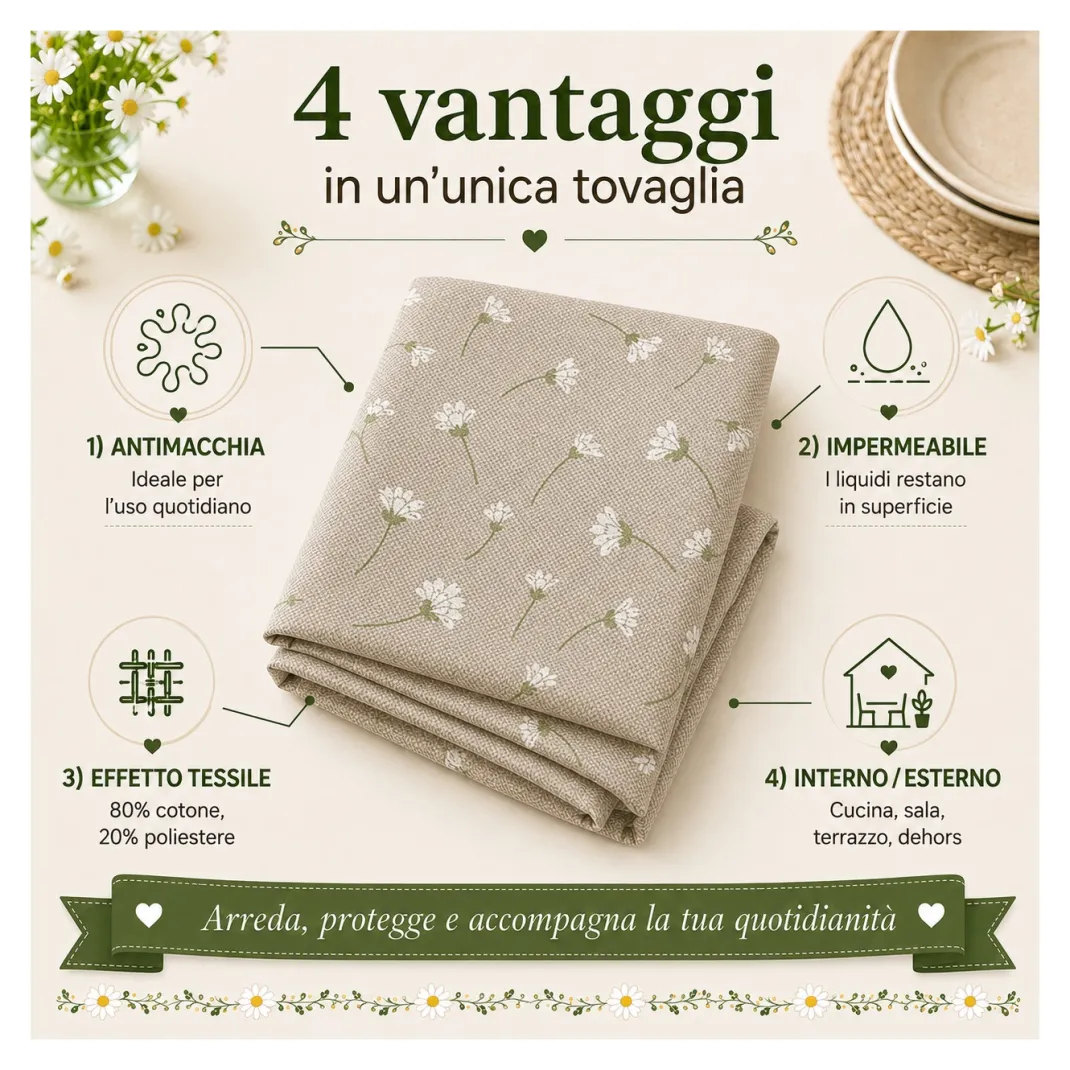 Tovaglia Resinata Antimacchia con Margherite Bianche su Fondo Beige, Impermeabile 80% Cotone Made in Italy