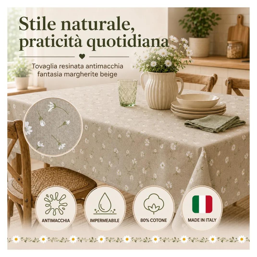 Tovaglia Resinata Antimacchia con Margherite Bianche su Fondo Beige, Impermeabile 80% Cotone Made in Italy