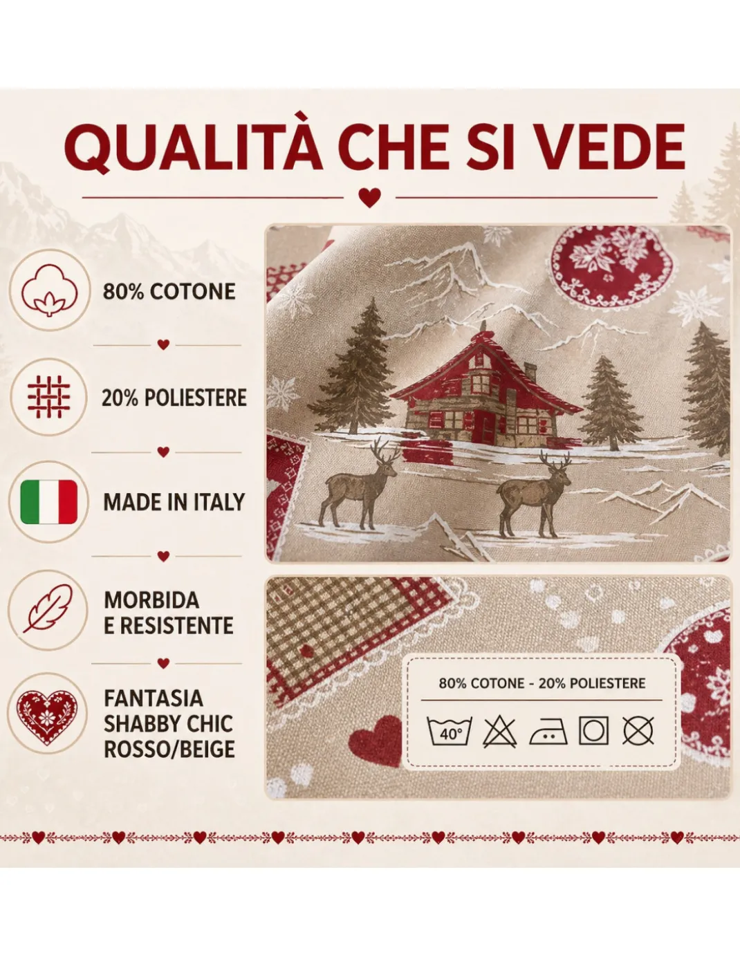 Tovaglia Resinata Antimacchia “Valbadia” Rosso/Beige Shabby Chic, Impermeabile, 80% Cotone, Made in Italy