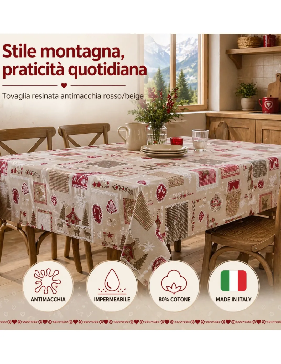Tovaglia Resinata Antimacchia “Valbadia” Rosso/Beige Shabby Chic, Impermeabile, 80% Cotone, Made in Italy