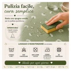 Tovaglia Resinata Antimacchia con Margherite Bianche su Fondo Verde, Impermeabile 80% Cotone Made in Italy