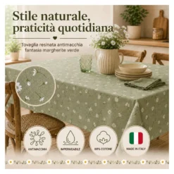 Tovaglia Resinata Antimacchia con Margherite Bianche su Fondo Verde, Impermeabile 80% Cotone Made in Italy