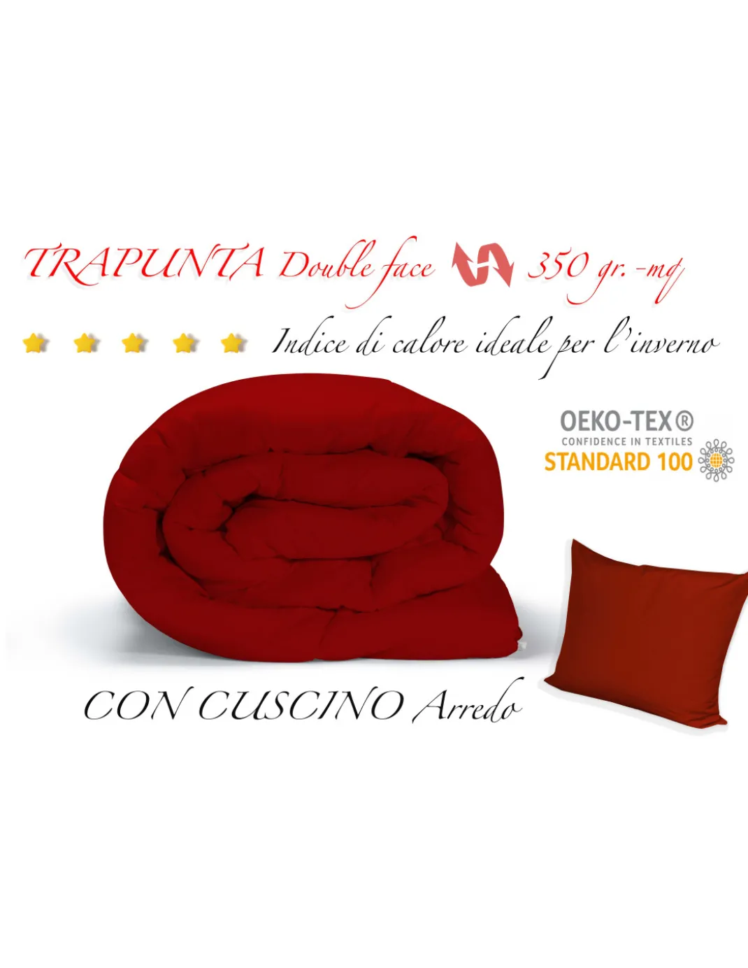 TRAPUNTA BX piumone TINTA UNITA BORDEAUX - ARANCIO double face INVERNALE 350 GR. CON FEDERA ARREDO