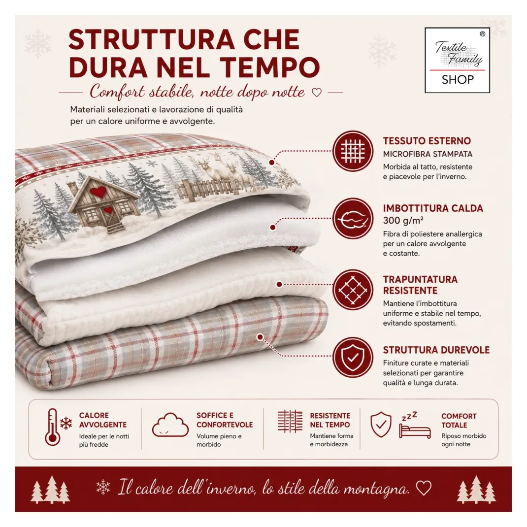 Trapunta Fiocco Bosco d’Inverno Rosso, Piumone Invernale 300 g/m² in Microfibra Manopesca, Made in Italy