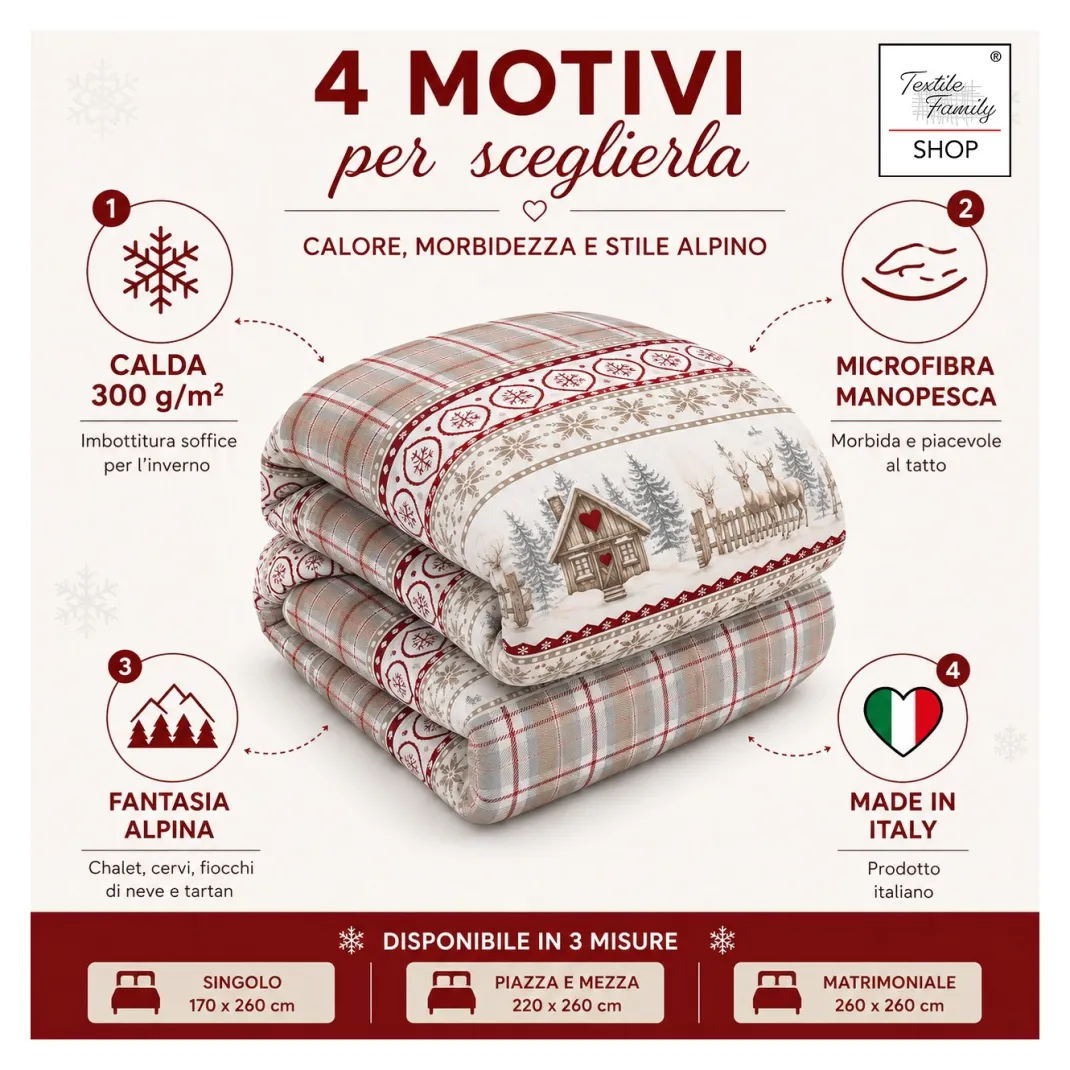 Trapunta Fiocco Bosco d’Inverno Rosso, Piumone Invernale 300 g/m² in Microfibra Manopesca, Made in Italy