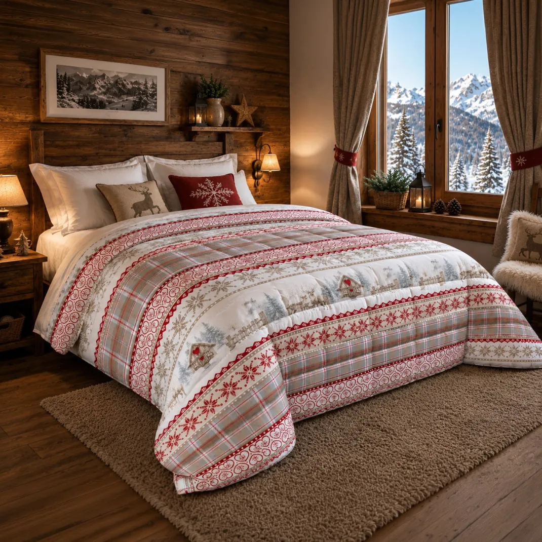 Trapunta Fiocco Bosco d’Inverno Rosso, Piumone Invernale 300 g/m² in Microfibra Manopesca, Made in Italy
