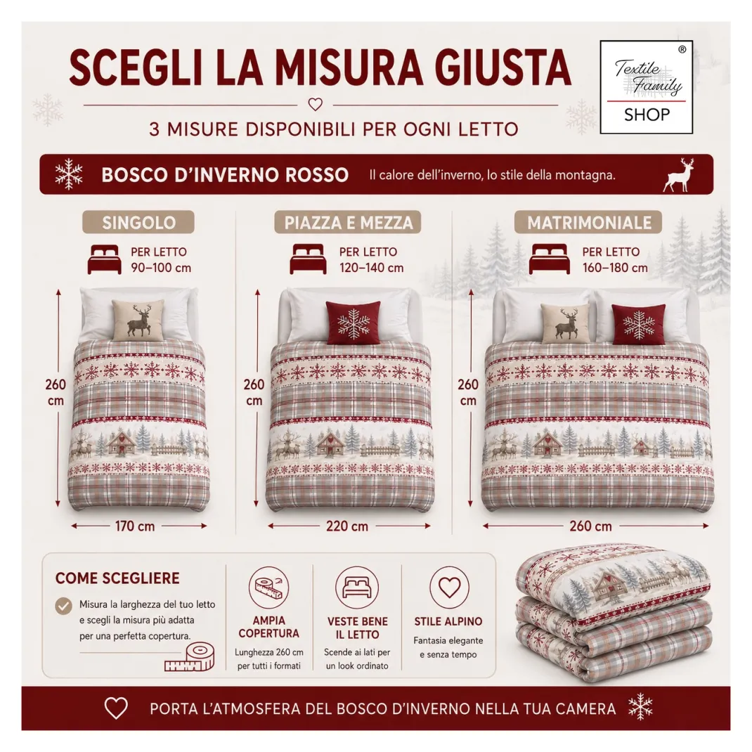 Trapunta Fiocco Bosco d’Inverno Rosso, Piumone Invernale 300 g/m² in Microfibra Manopesca, Made in Italy