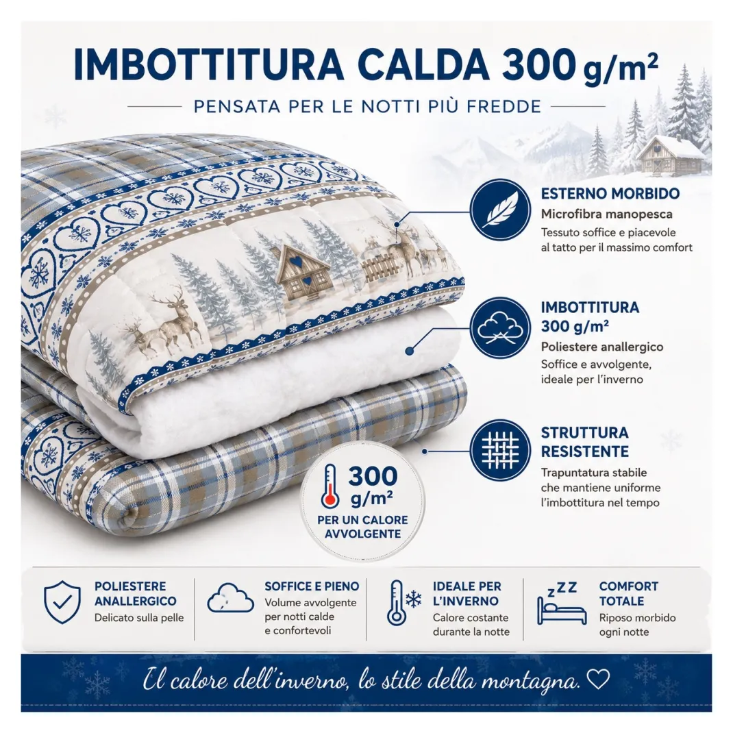 Trapunta Fiocco Bosco d’Inverno Blu, Piumone Invernale 300 g/m² in Microfibra, Made in Italy