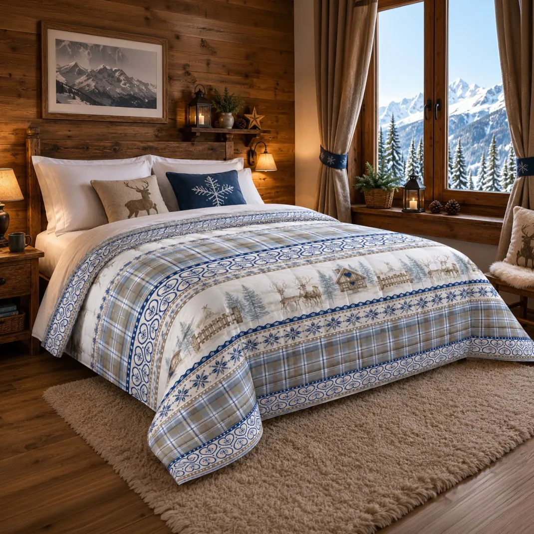 Trapunta Fiocco Bosco d’Inverno Blu, Piumone Invernale 300 g/m² in Microfibra, Made in Italy