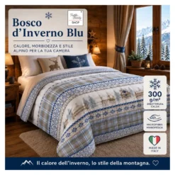 Trapunta Fiocco Bosco d’Inverno Blu, Piumone Invernale 300 g/m² in Microfibra, Made in Italy