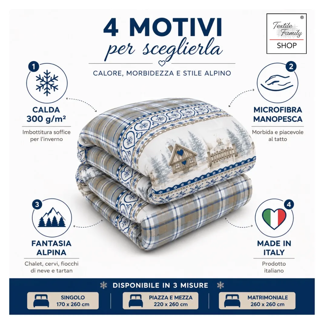 Trapunta Fiocco Bosco d’Inverno Blu, Piumone Invernale 300 g/m² in Microfibra, Made in Italy