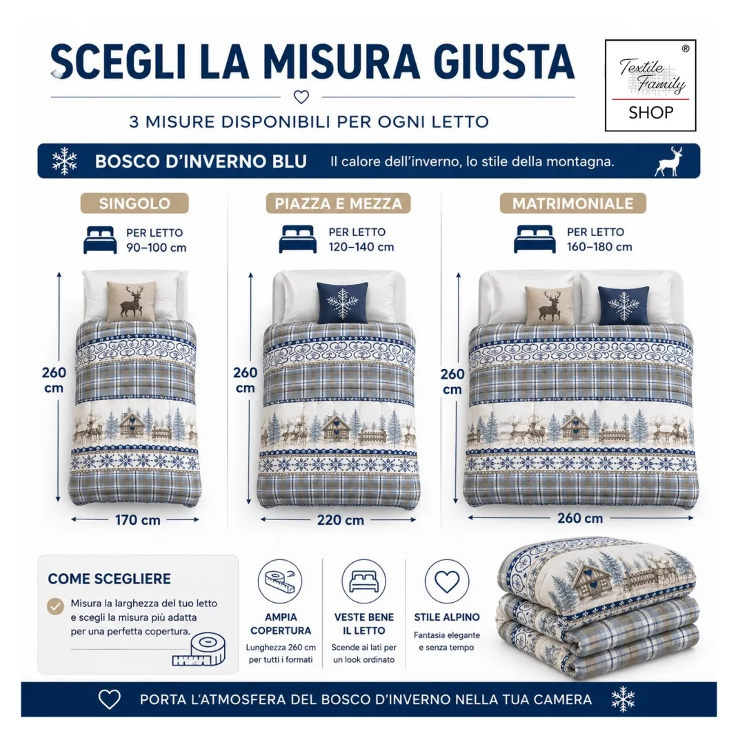 Trapunta Fiocco Bosco d’Inverno Blu, Piumone Invernale 300 g/m² in Microfibra, Made in Italy