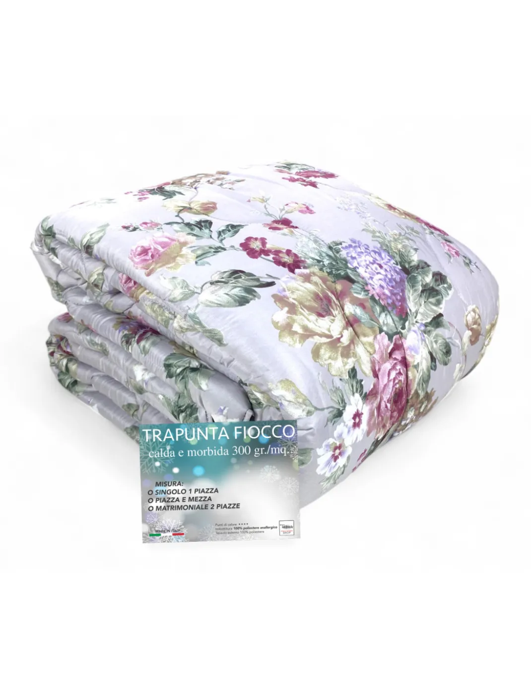Trapunta Fiocco Sanderson Fiore Fondo Grigio Invernale, Piumone Caldo 300 gr/mq, Motivo Floreale Elegante, Made in Italy