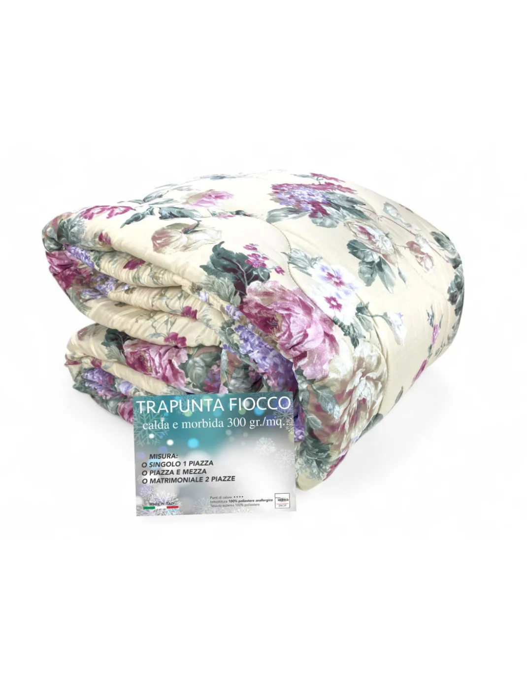 Trapunta Fiocco Sanderson Fiore Fondo Beige Invernale, Piumone Caldo 300 gr/mq, Motivo Floreale Elegante, Made in Italy