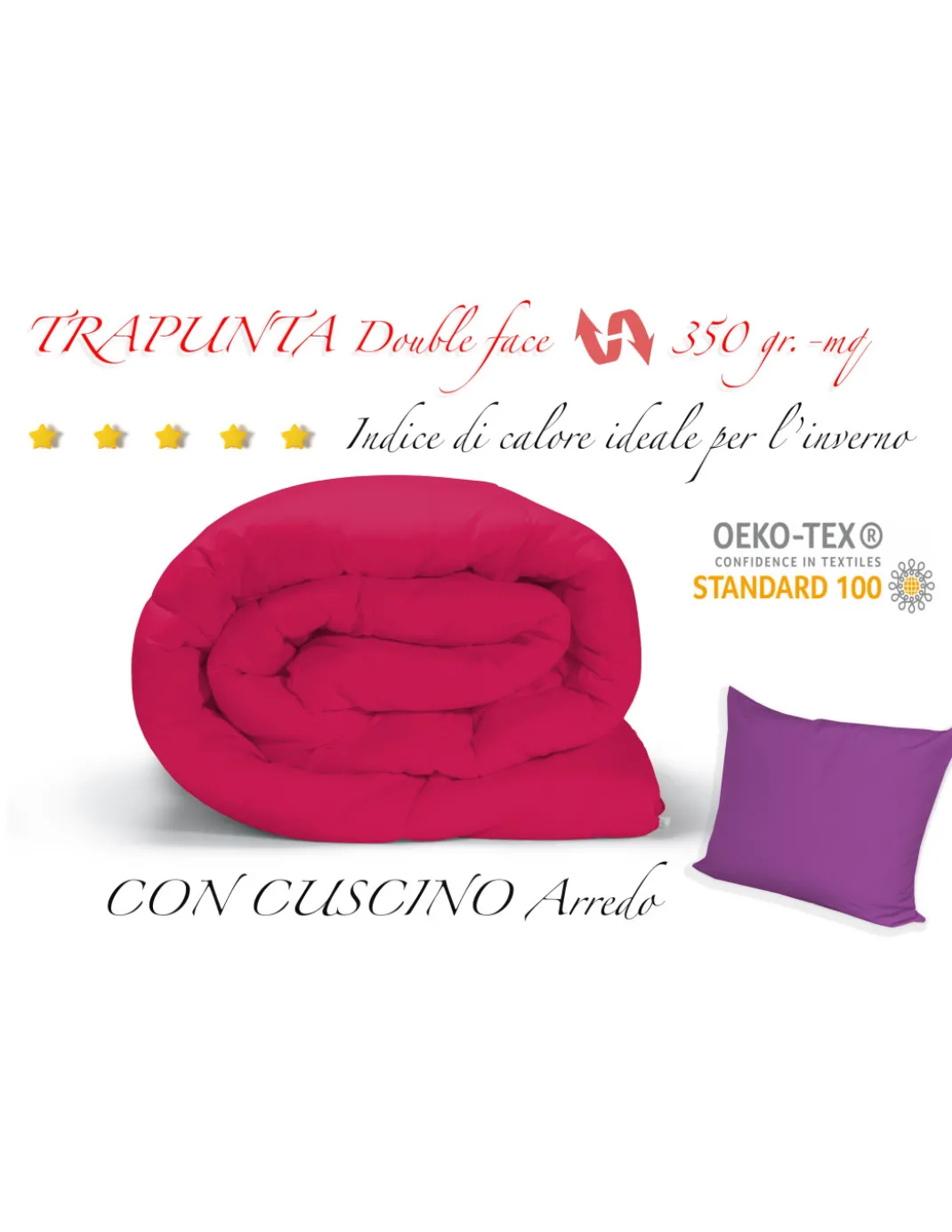 TRAPUNTA FX piumone TINTA UNITA FUCSIA - ROSA double face INVERNALE 350 GR. CON FEDERA ARREDO