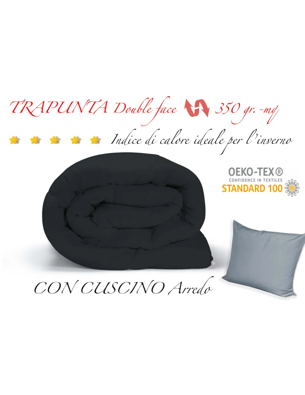 TRAPUNTA NR piumone TINTA UNITA NERO - GRIGIO double face INVERNALE 350 GR.