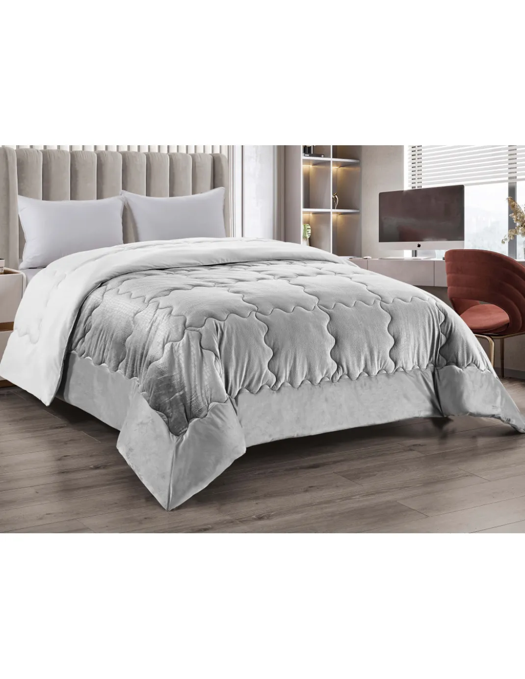 TRAPUNTA Piumone in Soffice Velluto GRIGIO Effetto Piuma 2 Piazze Matrimoniale ELISIR Jacquard